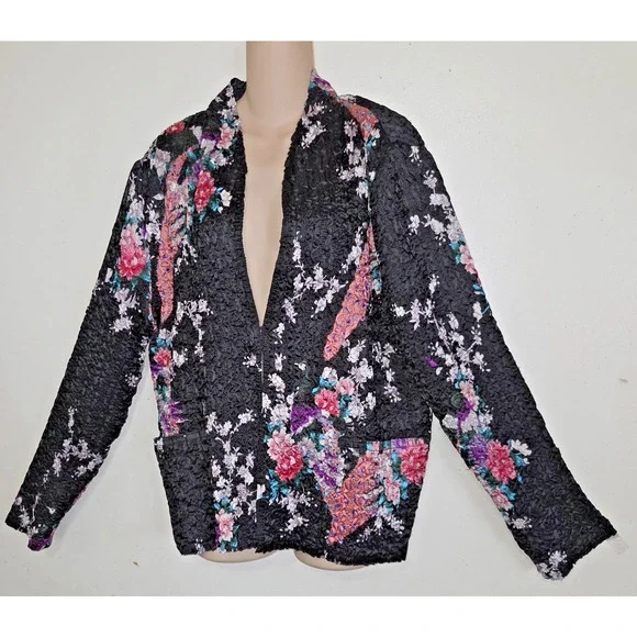 Asian Inspired Floral Top Jacket XL Reversible Textured Crinkle Super Stretchy - Picture 1 of 16